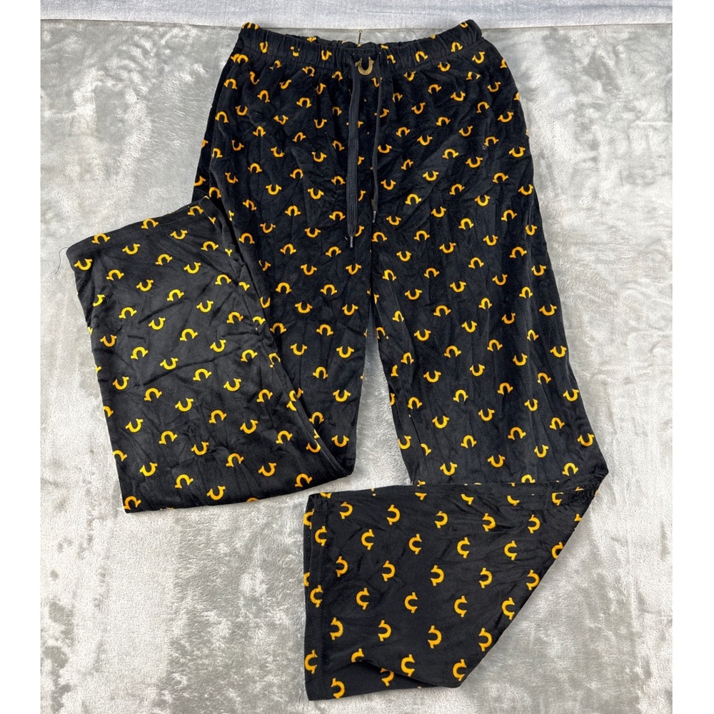 True Religion Pajama Pants Mens Medium Loungewear Black Yellow Logo EUC